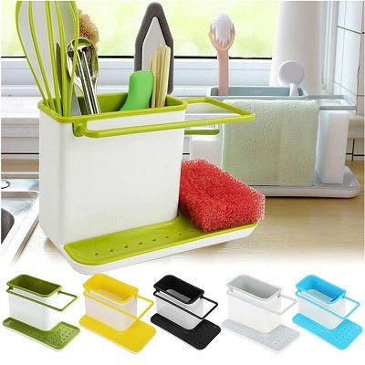 3 in 1 Kitchen Sink Organizer Stand Sink Draining Holder Towel Rack Storage Box (for Dishwasher Liquid, Brush, Cloth, Soap, Sponge)