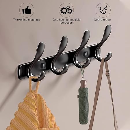 Black 4-Hook Stainless Steel Wall-Mounted Coat &amp; Towel Rack