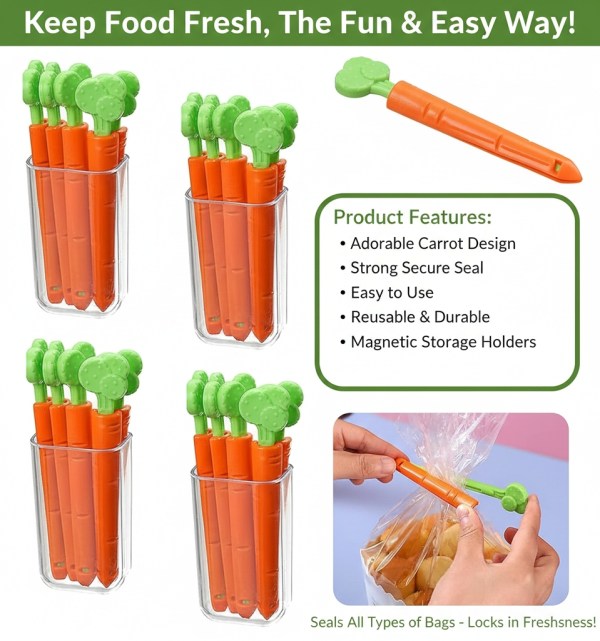Magnetic Carrot Bag Clips for Food Storage - Set of 6
