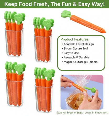 Magnetic Carrot Bag Clips for Food Storage - Set of 6