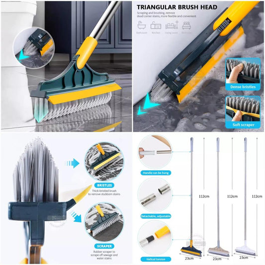 Bathroom Long Handle Brush Bristles Floor Ceramic Tile Wall Seam Scrub Toilet Bath Cleaning Tools Hard-bristled Triangular Head Scraper Rotate Cleaning Brush Bathroom Floor Corner Crevice Brush and Wiper Washroom Wiper and Brush