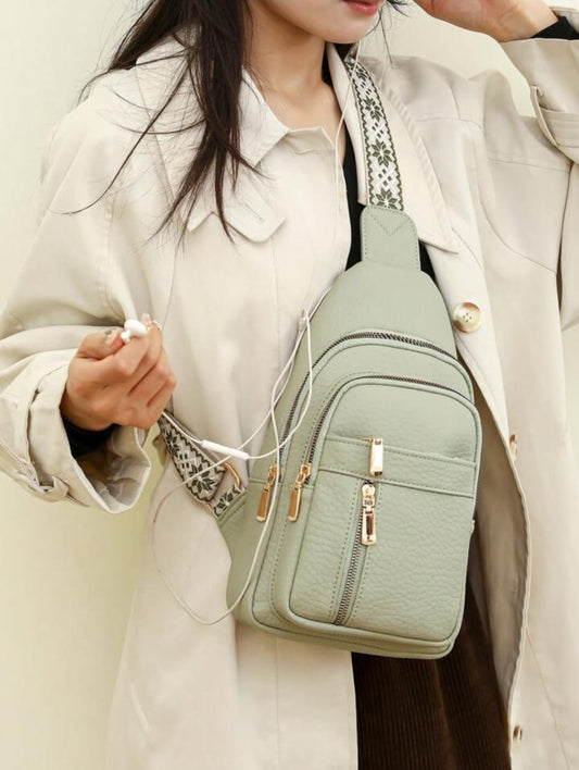 Women’s Vegan Leather Sling Bag – Crossbody Chest Pack with Embroidered Guitar Strap