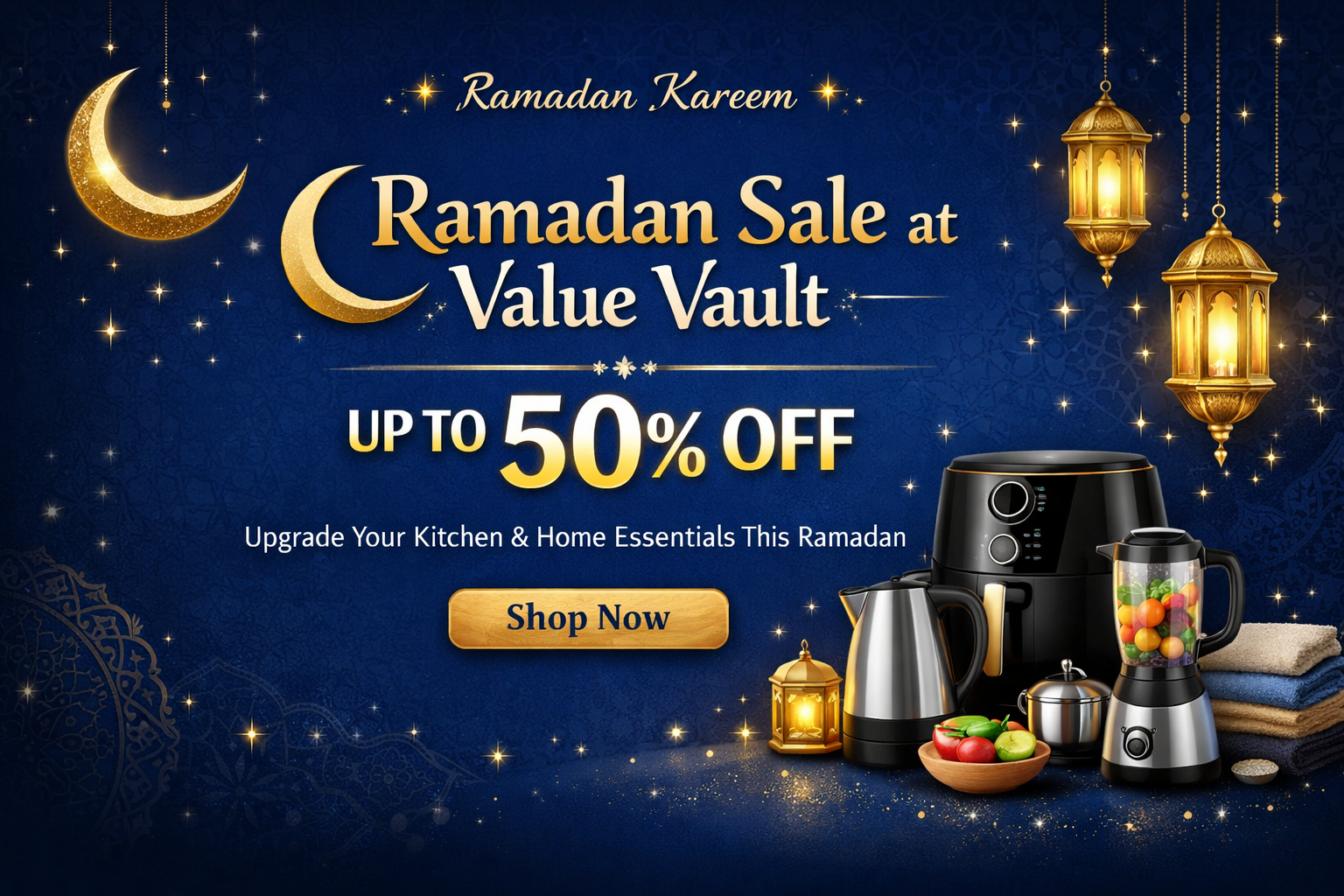 Promotional banner for Ramadan Sale at Value Vault with kitchen appliances and decorative elements.