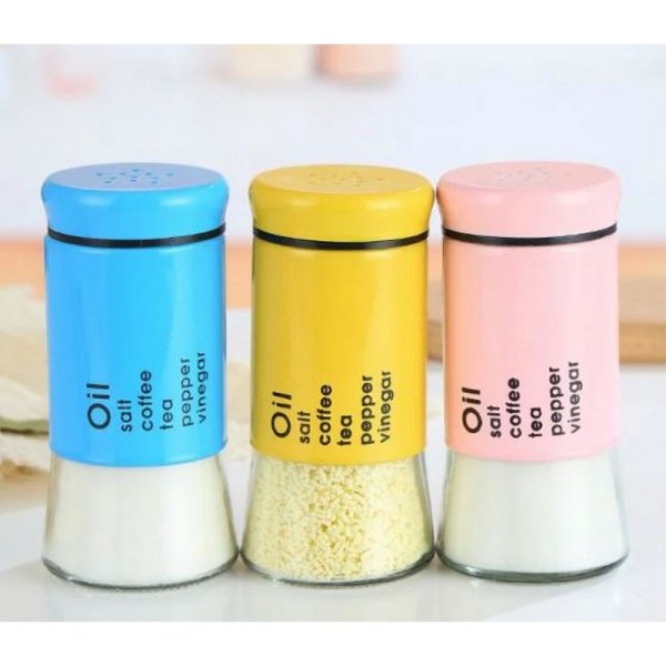 Spice Jar Salt Container Seasoning Pots with Adjustable Pour Holes Stainless Steel &amp; Glass Jar (1Pc)